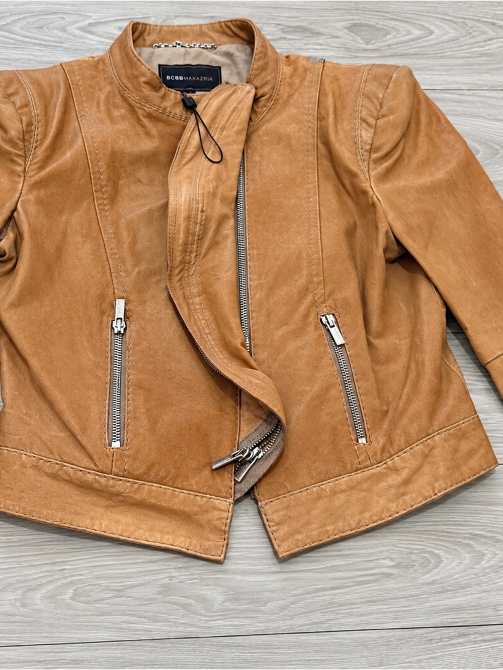 BCBGMaxAzria Girls' Tan Moto Jacket with Silver Zippers